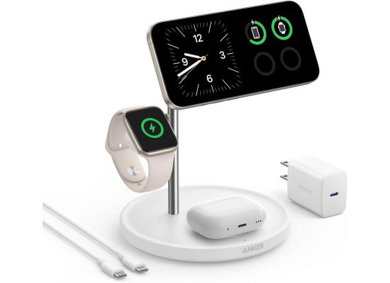 Anker MagSafe Charger Stand, iPhone 16 Wireless Charging Station, MagGo 3 in 1 Charging Station, Qi2 Certified 15W Wireless Charger, Desk Accessory, for iPhone 16/15/14/13/12, Apple Watch, AirPods - White